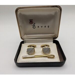 Vintage Envoy Gold Tone Mother of Pearl Square Cufflinks & Tie Clip Bar Mens